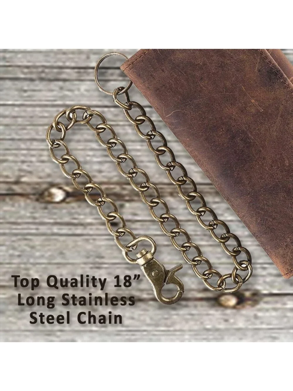 Classic RFID Blocking Men's Tri-Fold Leather Wallet with Steel Chain - Vintage